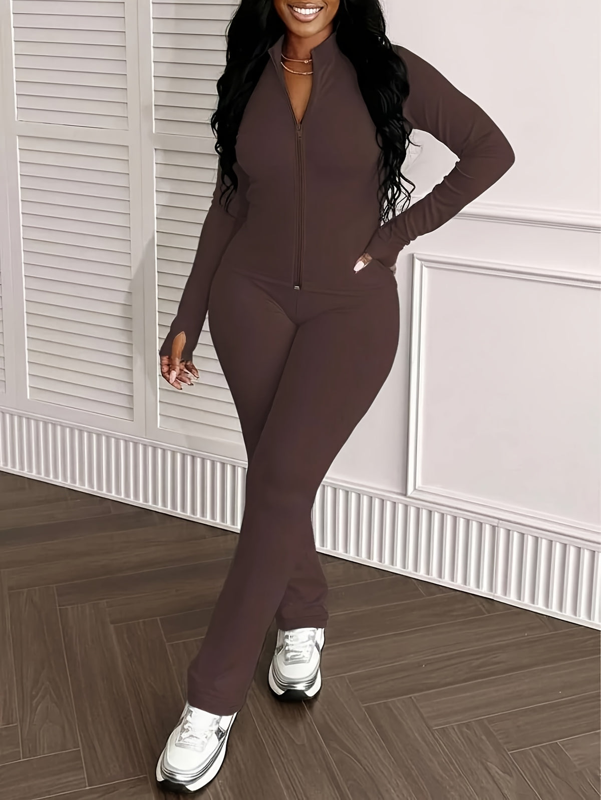 Women's 2-Piece Office Outfit Set Slim Fit Stand Collar Jacket & High Waist Flare Pants Work Casual