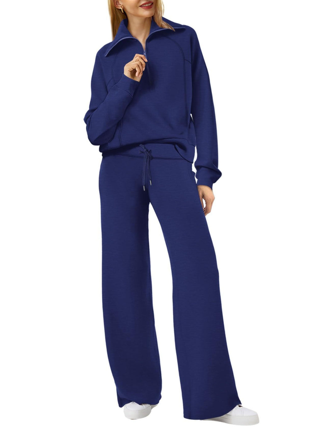 Zipper Sweatshirt Wide-Leg Pants 2 Piece Set Women Casual Tracksuit Outfit for Spring Fall - Loose Fit Jogger Co-ord Set