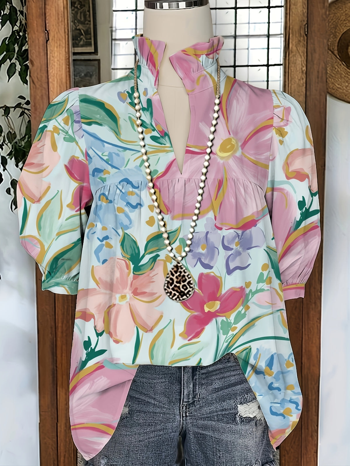 Flower Print Pleated Collar Shirt Women V-Neck Short Sleeve Pleated Cuffs Casual Office Top Spring Summer Fall S-XXL
