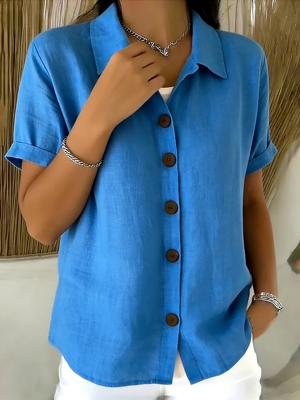 Button-Up Shirt Women Short Sleeve V-Neck Collar Blouse Business Casual Elegant Office Work Top S-XXL