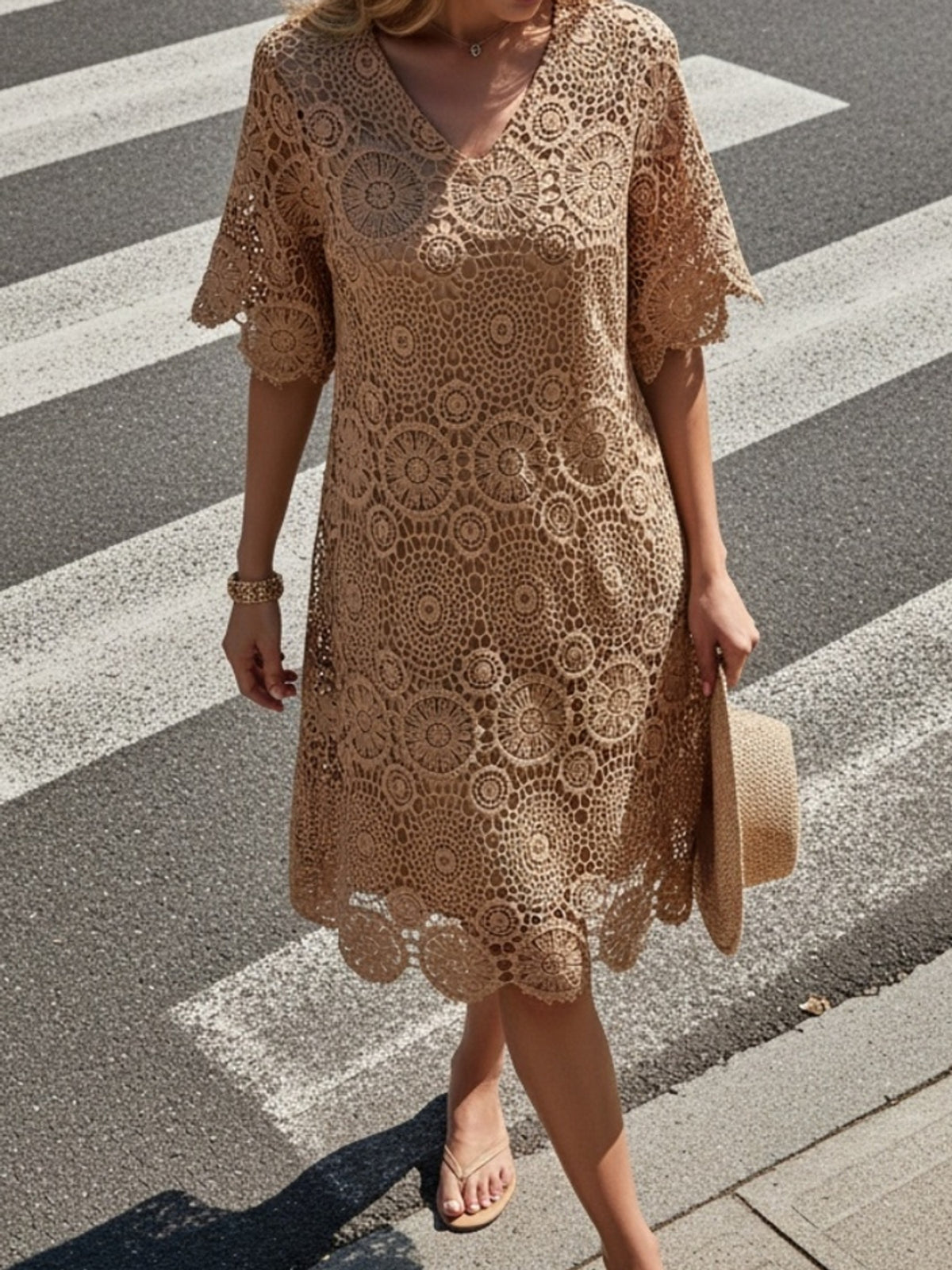Hollow Out Lace V-Neck Short Sleeve Dress for Women - Solid Color Lined Elegant Fashion Dress, 100% Polyester Micro-Elastic Spring Summer Fall S-XXL