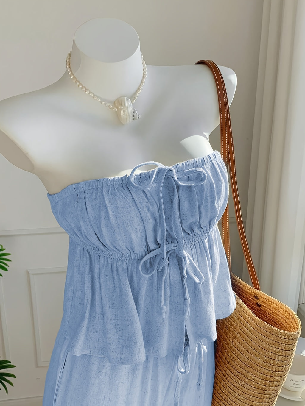 Strapless Tie Cropped Top and Wide Leg Pants 2pcs Set Women Spring Summer Vacation Casual Fresh Outfit S-XXL
