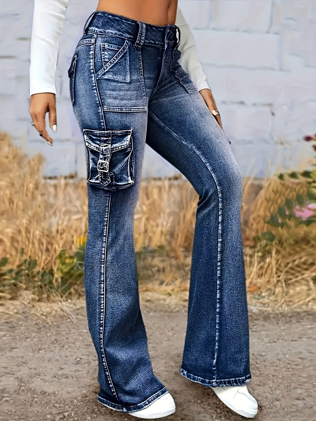 Low Waist Slim Jeans Women Retro Elastic Denim Pants 7 Pockets Flip Cover Casual Fashion Medium Blue S-XXL