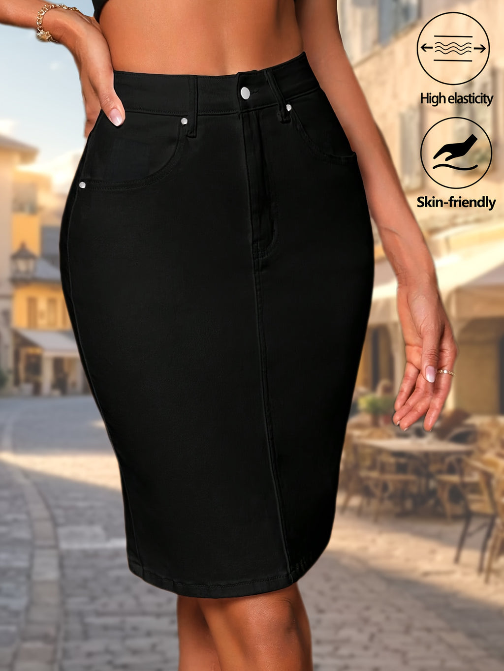 Women Stretch Denim Bodycon Skirt High Waisted Knee Length Back Slit Multi-Stitch Casual Dressy Spring Summer Fall