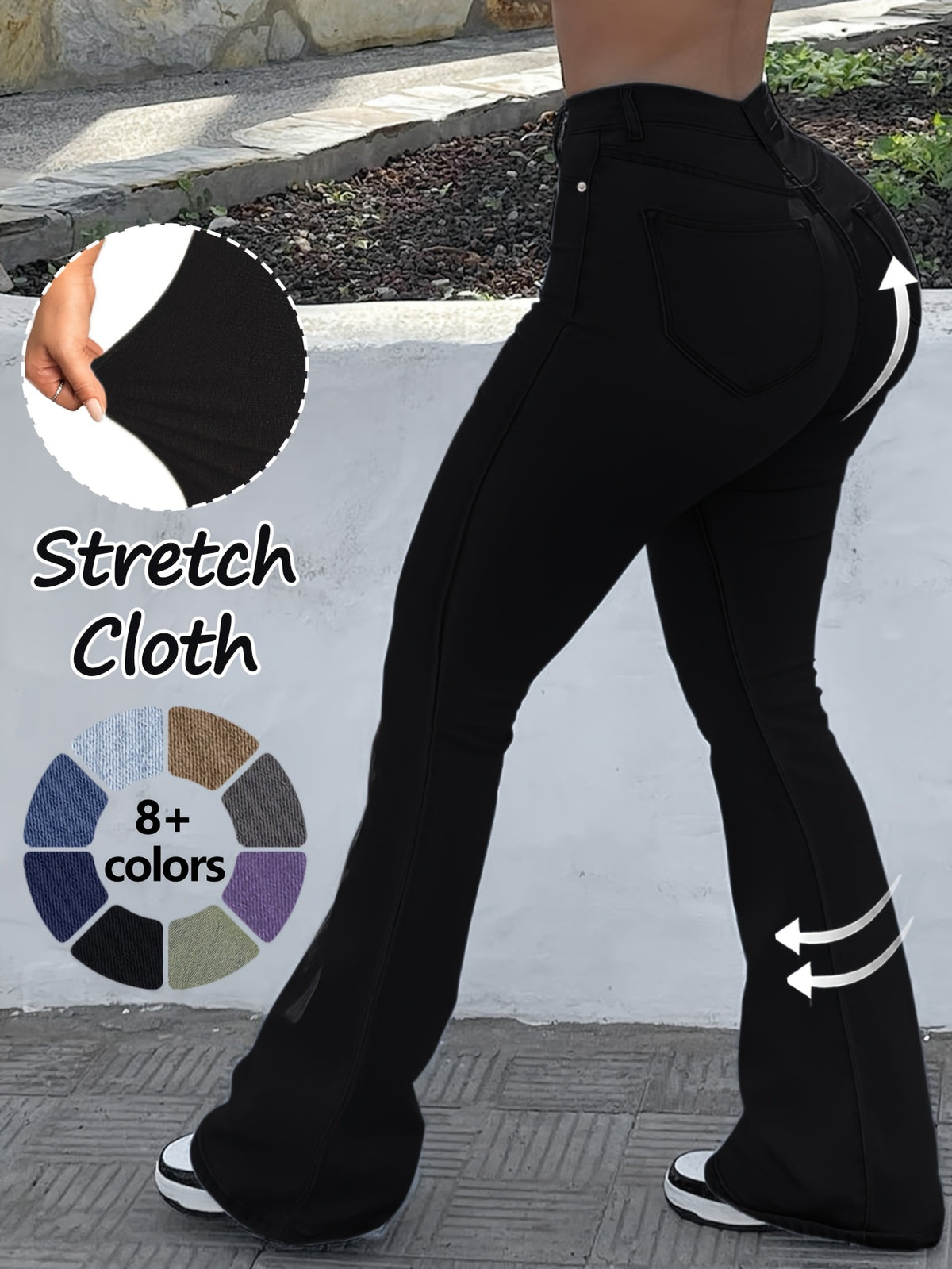 High Waist Stretch Flare Jeans Women Wide Leg Pants with Pockets – Solid Color Street Style, All-Season Comfortable Denim, Machine Washable