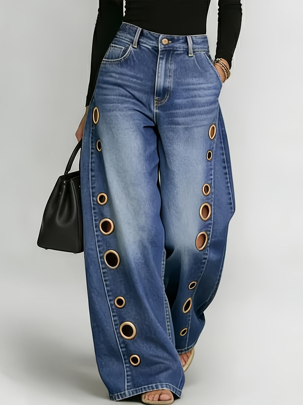 High Waist Wide Leg Jeans Women Retro Metal Eyelet Denim Pants Loose Casual Street Style Y2K Cool Streetwear