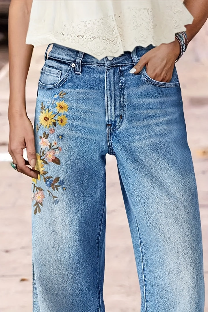 Women's High-Waisted Washed Embroidered Straight Leg Jeans Stretch Beltless Light Blue Purple All Season