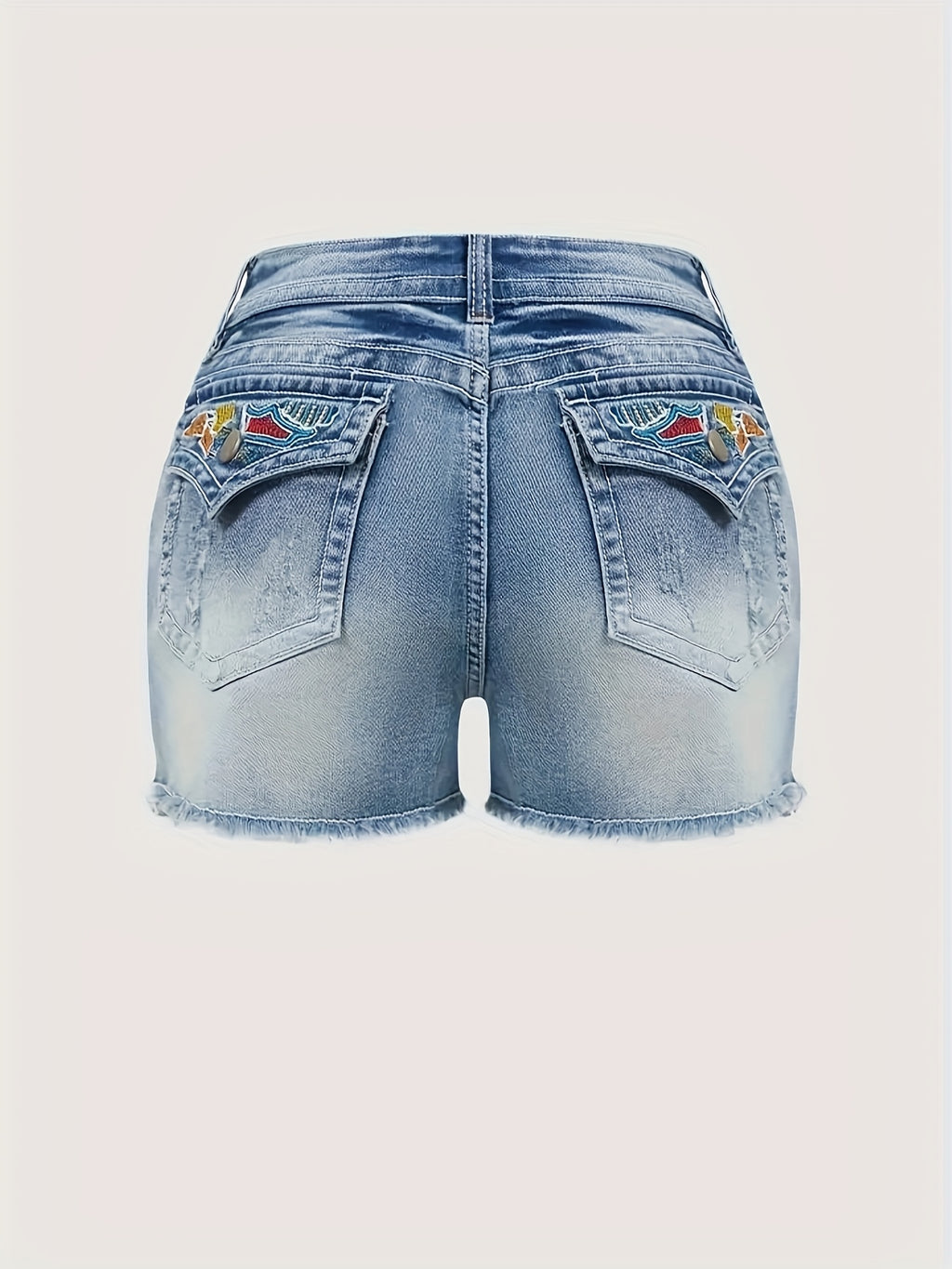 Stretch Denim Shorts for Women - Retro Color Block Embroidery Mid Rise Slim Fit, Built-In Zipper Machine Washable Cotton Blue Casual Jean Shorts for Spring Summer