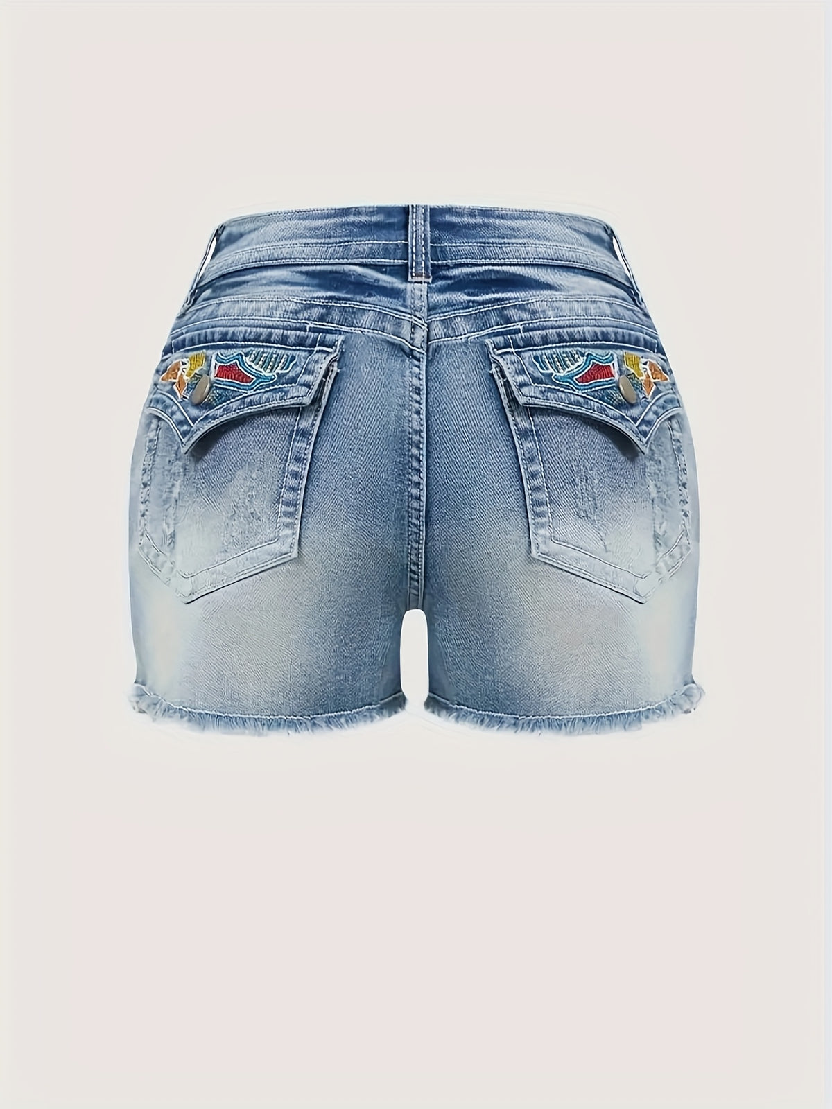 Stretch Denim Shorts for Women - Retro Color Block Embroidery Mid Rise Slim Fit, Built-In Zipper Machine Washable Cotton Blue Casual Jean Shorts for Spring Summer