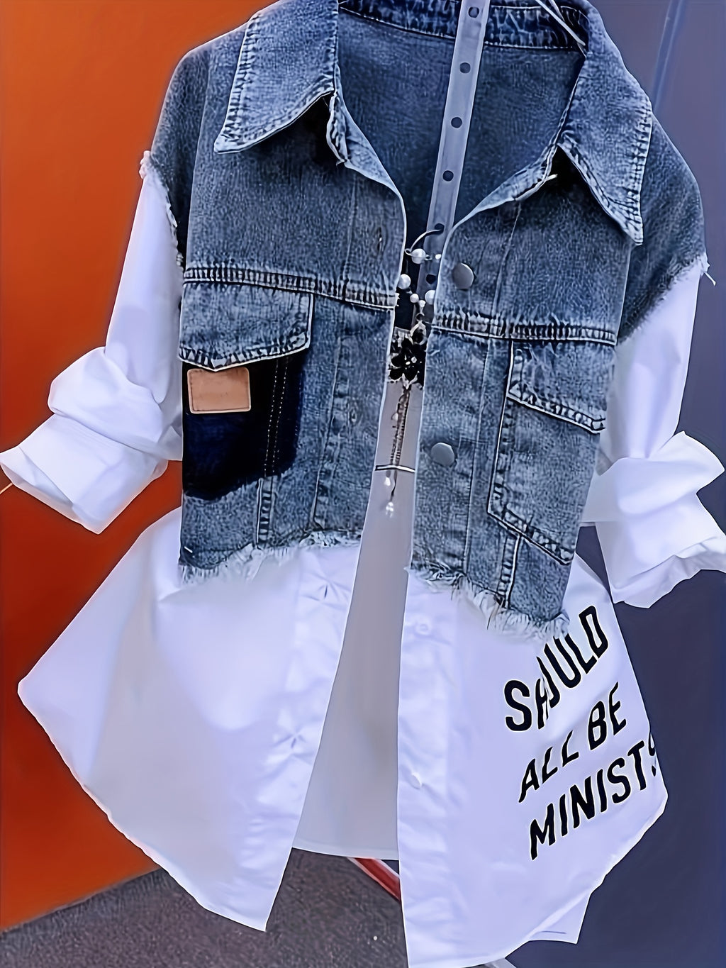 Letter Print Splicing Denim Shirt Jacket Women Lapel Button Korean Casual Jean Coat Windbreaker Spring Autumn Polyester Woven Top