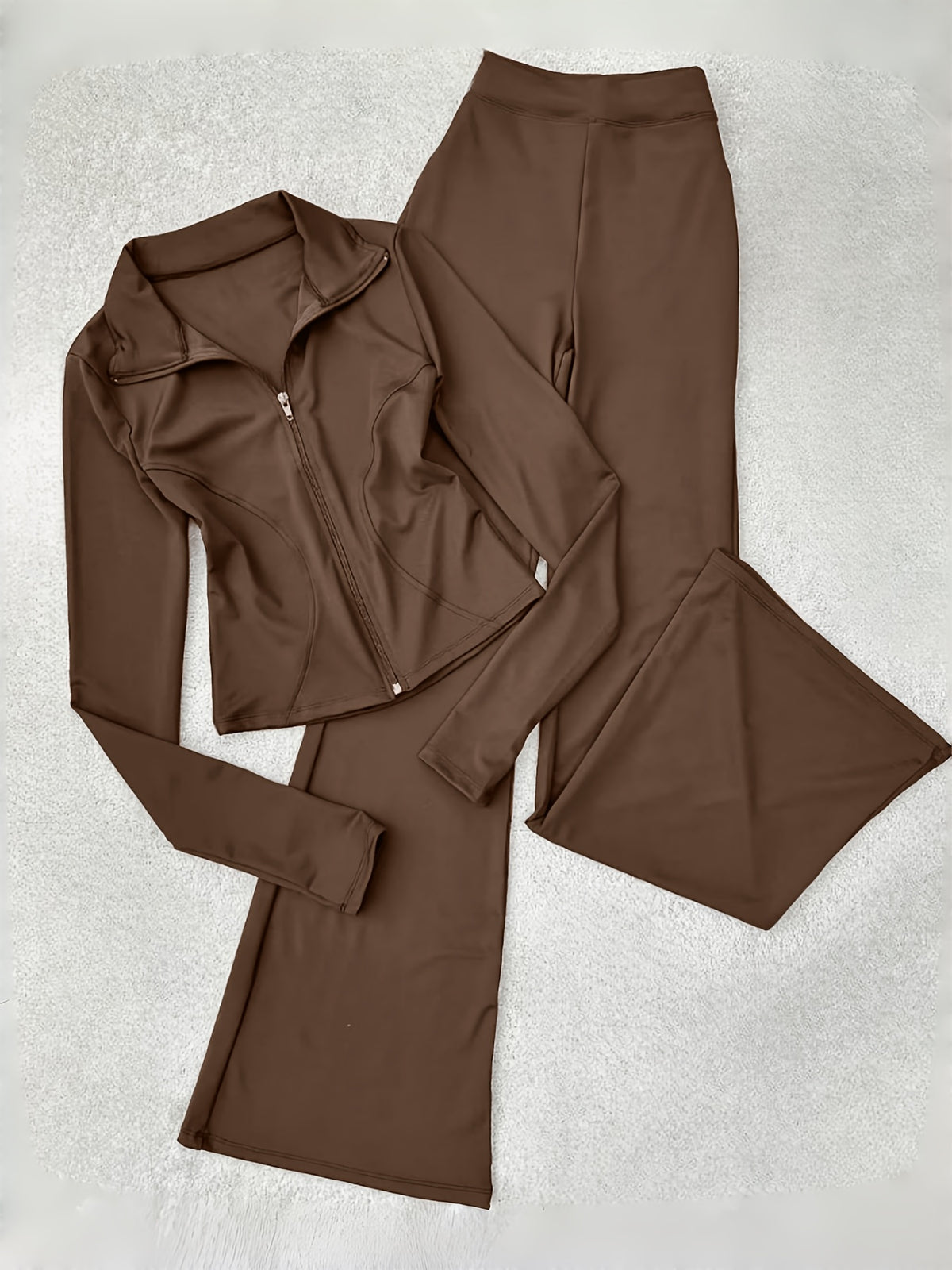 Zip Up Long Sleeve Top Flared Pants 2 Piece Set Women Elegant Casual Daily Outfit Co-ord Grey Black Coffee Brown M-XXL
