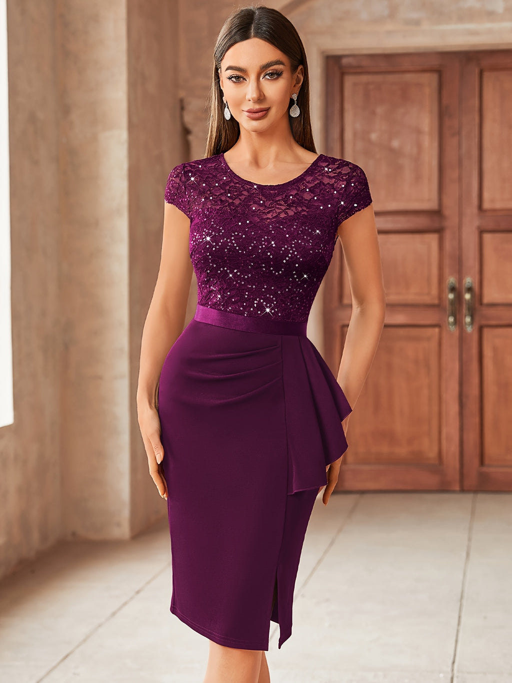 Sequin Lace Bridesmaid Midi Dress Women Cap Sleeve Ruffled Hem Side Slit Formal Wedding Guest Evening Dress