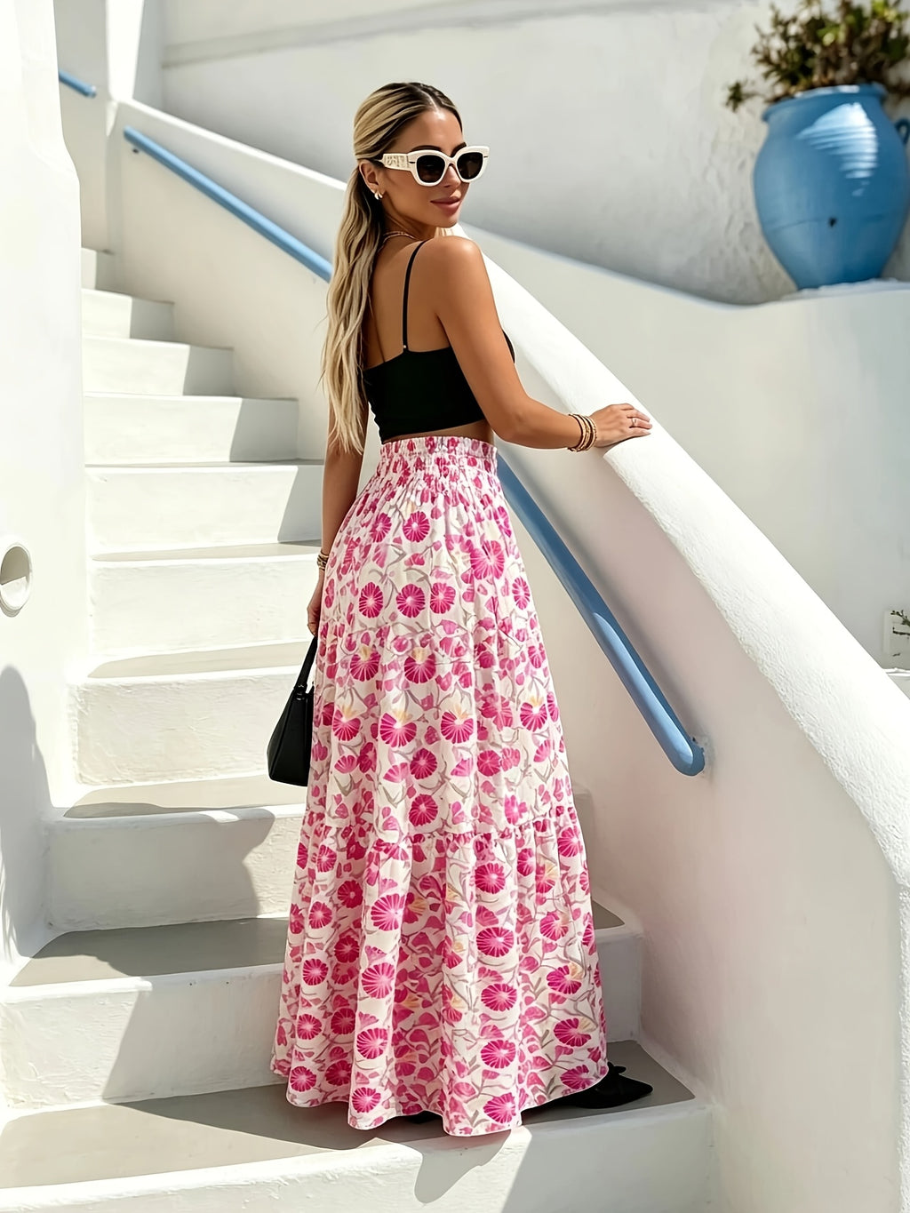 Bohemian Abstract Print High Waist Pleated Maxi Skirt Women Flowy Long Skirt Floral Graphic Summer Fall Fashion S-XXL
