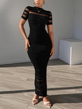 Sheer Mesh Patchwork Bodycon Mermaid Dress Women High Neck Short Sleeve Slim Fit Formal Evening Party Gown S-XXL