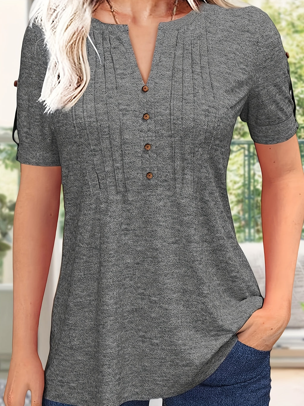 Button Front V-Neck Top Women Pleated Detail Short Sleeve Solid Color Casual Summer Blouse Lightweight Breathable Machine Washable