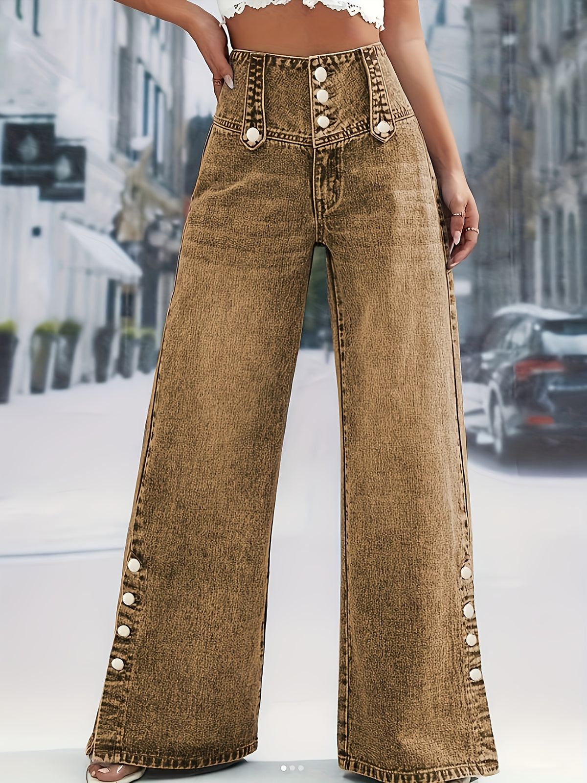 Wide-Leg Purple Jeans Women Adjustable Button Waist Mid-Rise Straight Casual Pants All-Season Travel Office