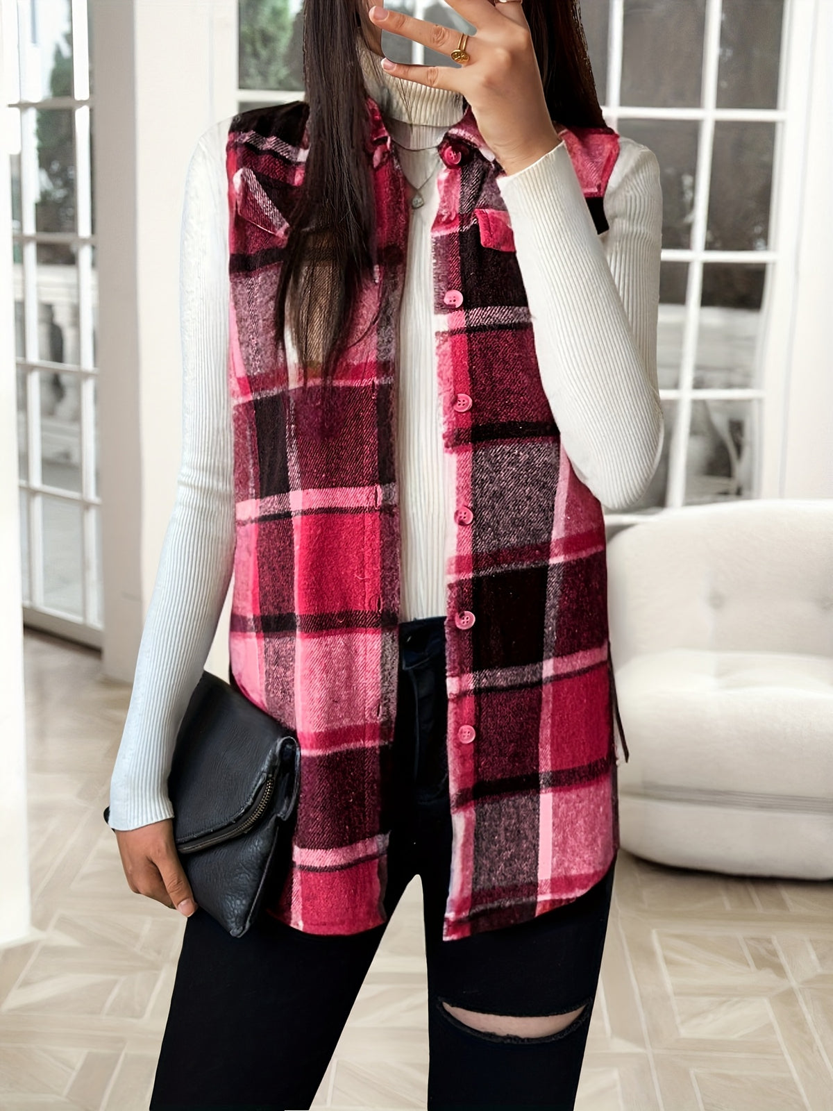 Plaid Lapel Vest Jacket Women Casual Suede Sleeveless Outerwear Fall Winter Layering