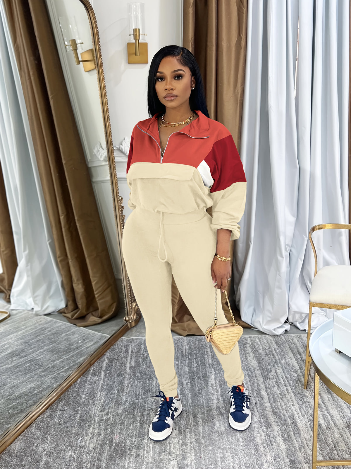 Lapel Crew Neck Sweatsuit Set for Women – Half-Zip Long Sleeve Sweatshirt & Sweatpants 2-Piece Casual Outfit, Solid Color Fall Winter Loungewear