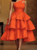 Orange One-Shoulder Cutout Tiered Midi Dress for Women – Eye-Catching Party Gown for Birthday Dinners, Gatherings & Summer Events