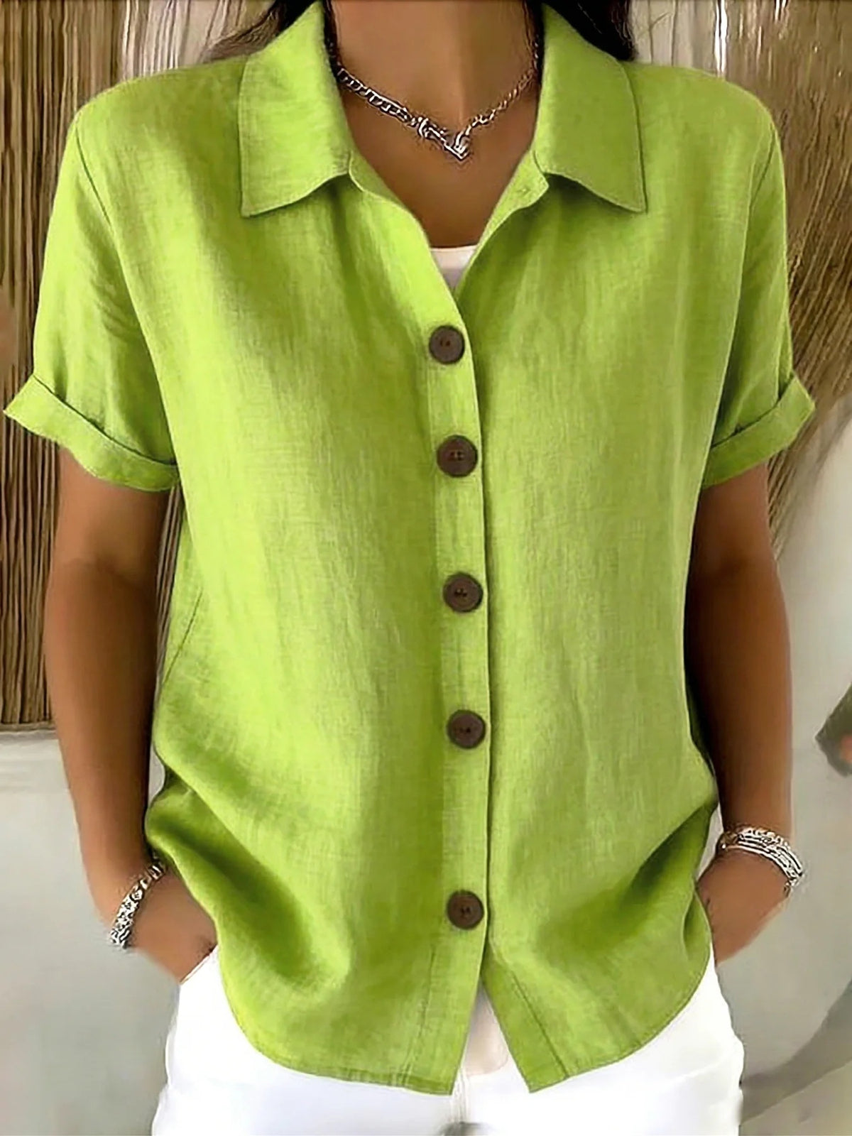 Button-Up Shirt Women Short Sleeve V-Neck Collar Blouse Business Casual Elegant Office Work Top S-XXL
