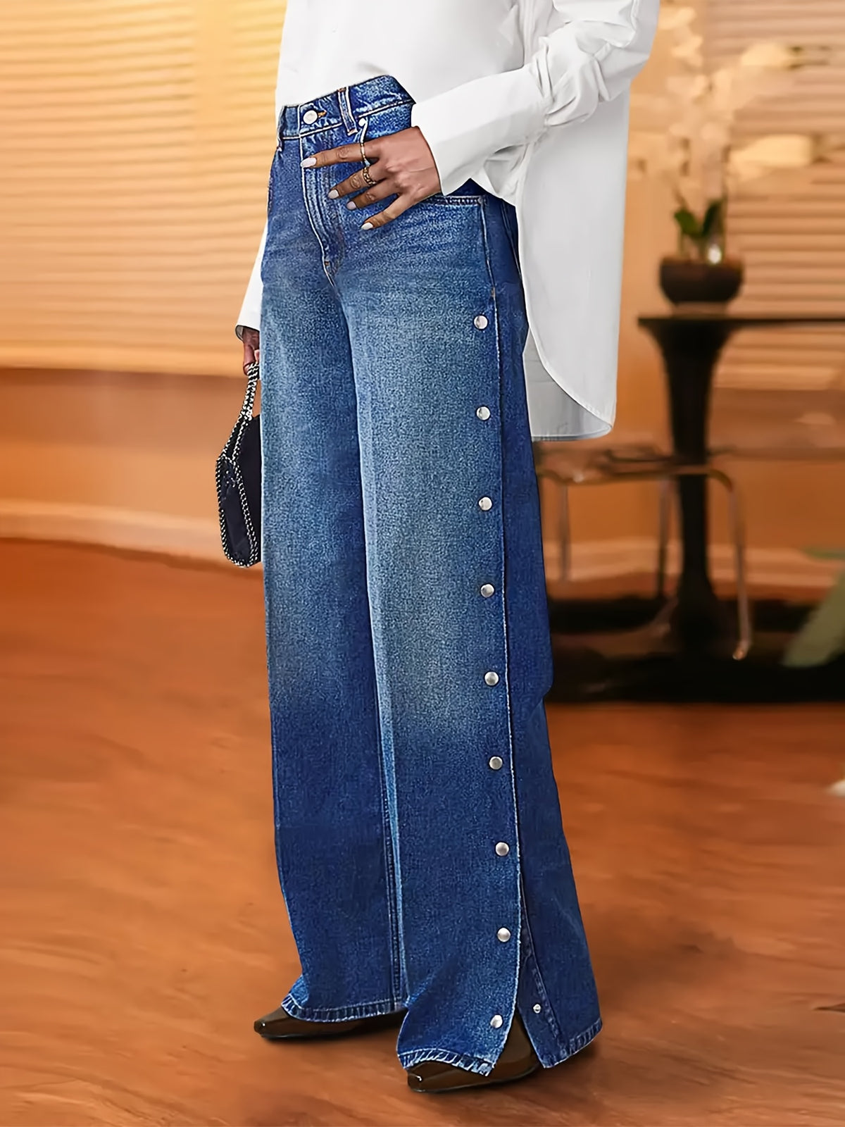 High Waist Wide Leg Denim Jeans Women Side Snap Buttons Loose Fit Casual Pants 2 Colors S-XXL