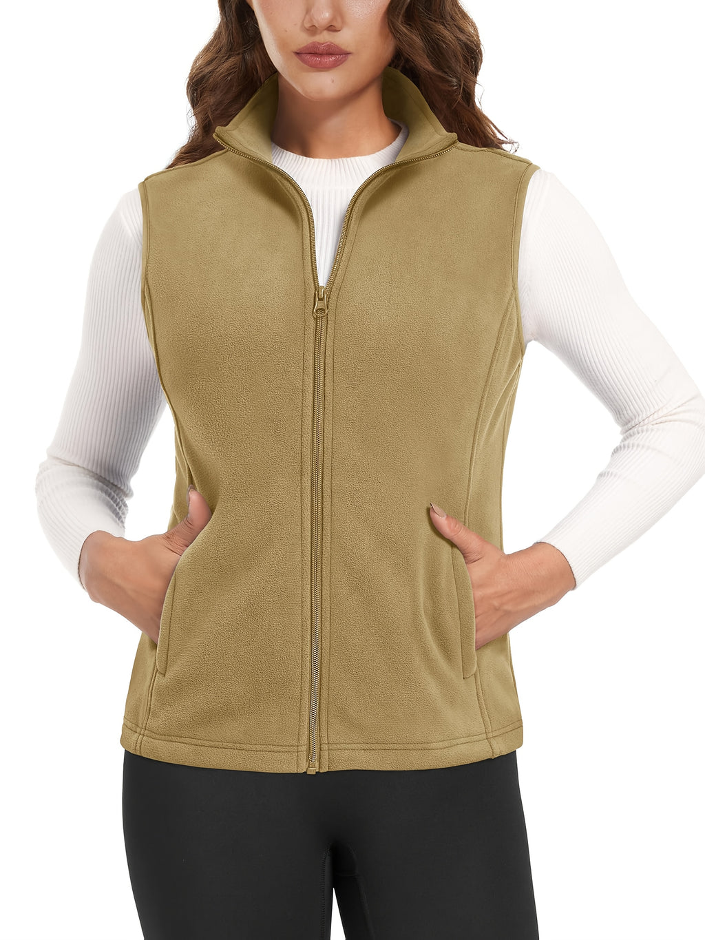 Women's Fleece Zip Vest Lightweight Warm Sleeveless Jacket Stand Collar 4 Pockets Windproof Outdoor Vest S-XXL