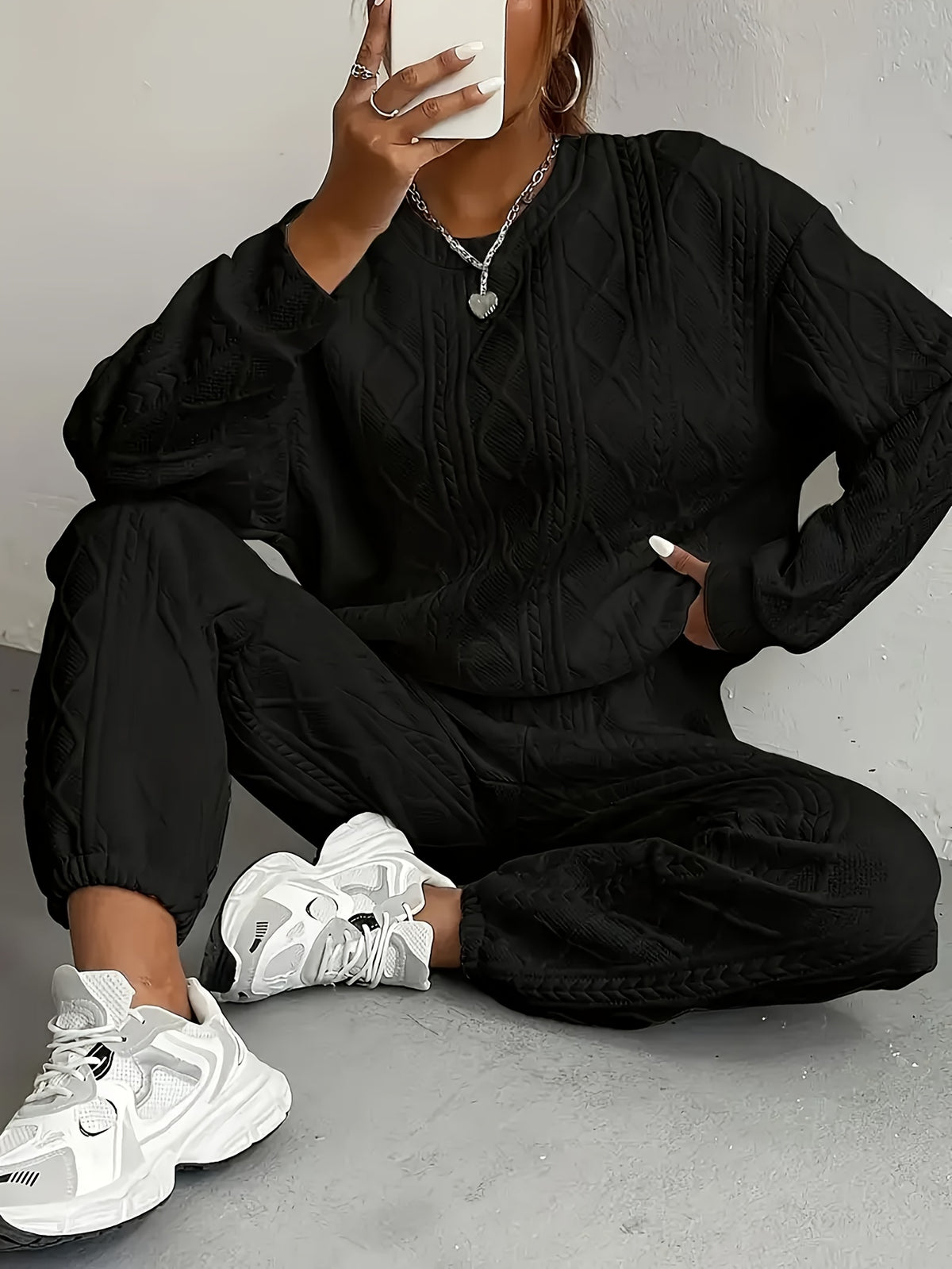 Jacquard Cable-Knit 2 Piece Set Women Round Neck Sweatshirt and Trousers Matching Outfit - Loose Fit Fall Winter Co-ord