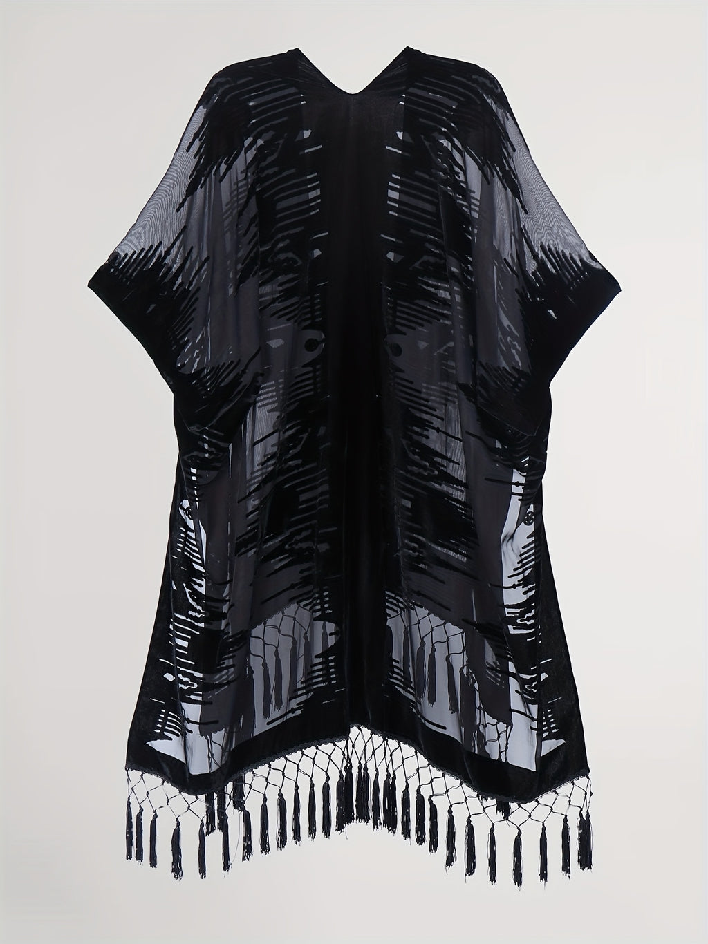 Boho Burnout Velvet Kimono Women Long Cardigan Cover Up Tassel Floral Embroidered One Size