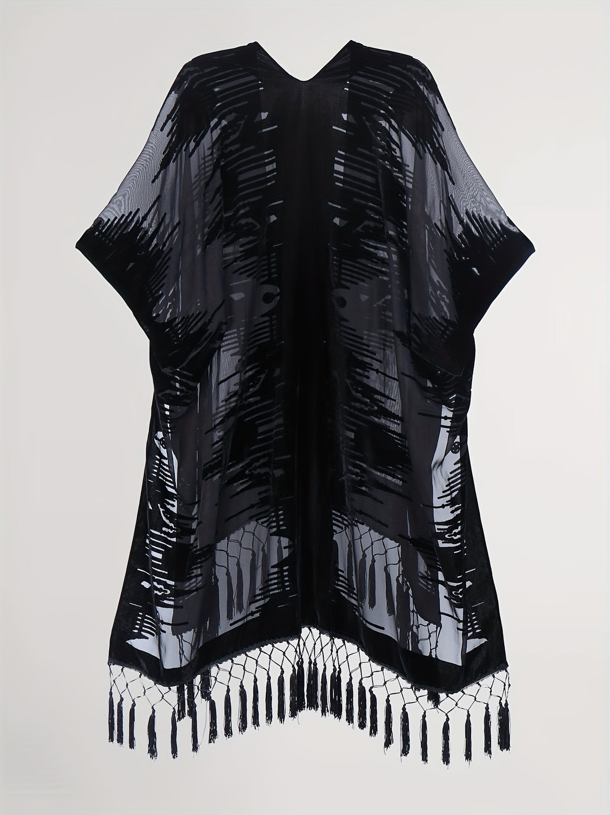Boho Burnout Velvet Kimono Women Long Cardigan Cover Up Tassel Floral Embroidered One Size