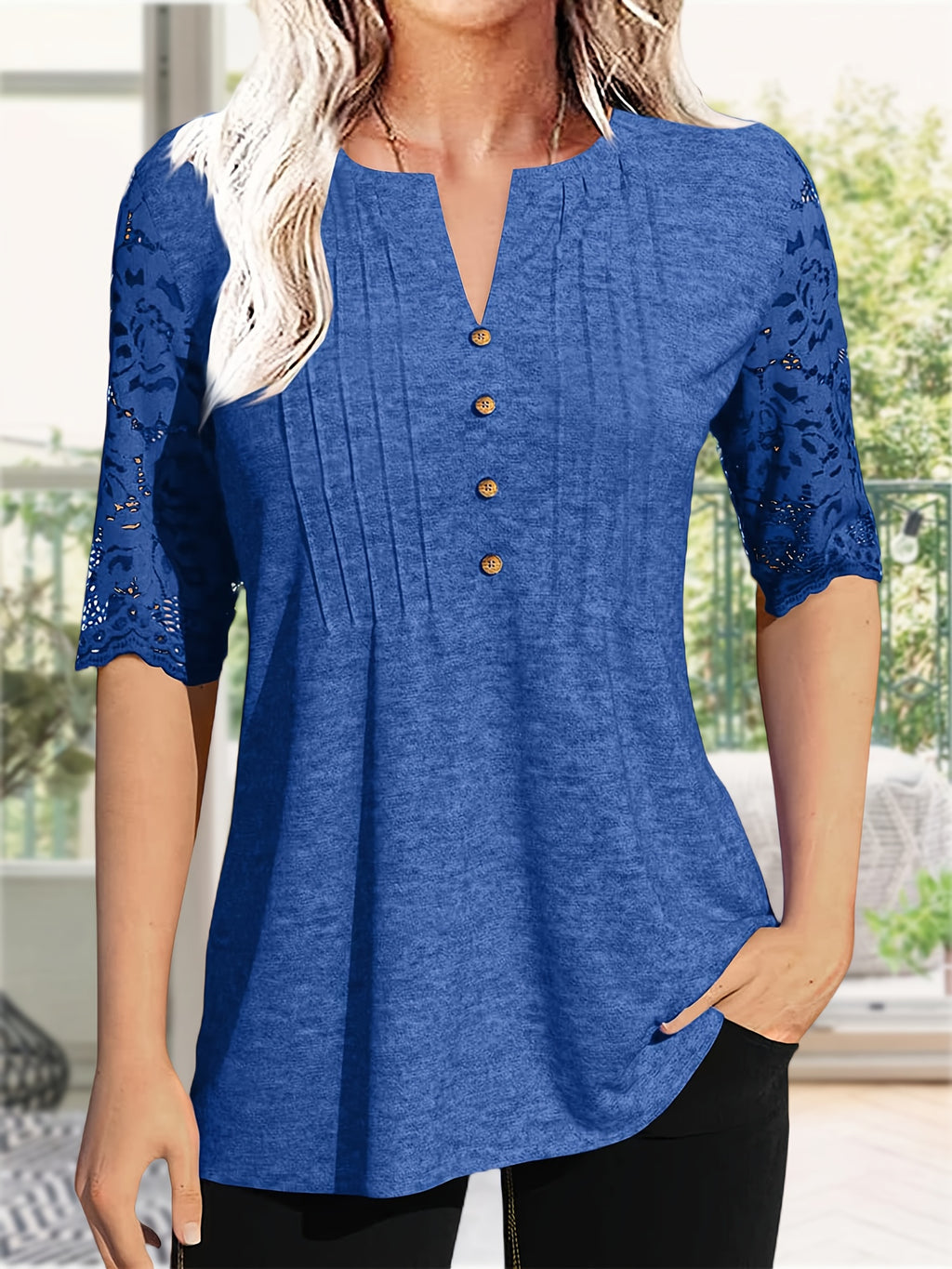Button Front V-Neck Top Women Pleated Detail Short Sleeve Solid Color Casual Summer Blouse Lightweight Breathable Machine Washable