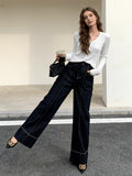 High Waist Straight Leg Jeans Women Dark Blue Retro White Stitch Loose Casual Denim Pants Pockets All Season S-XXL