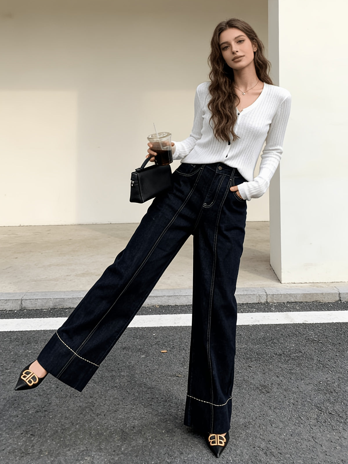 High Waist Straight Leg Jeans Women Dark Blue Retro White Stitch Loose Casual Denim Pants Pockets All Season S-XXL