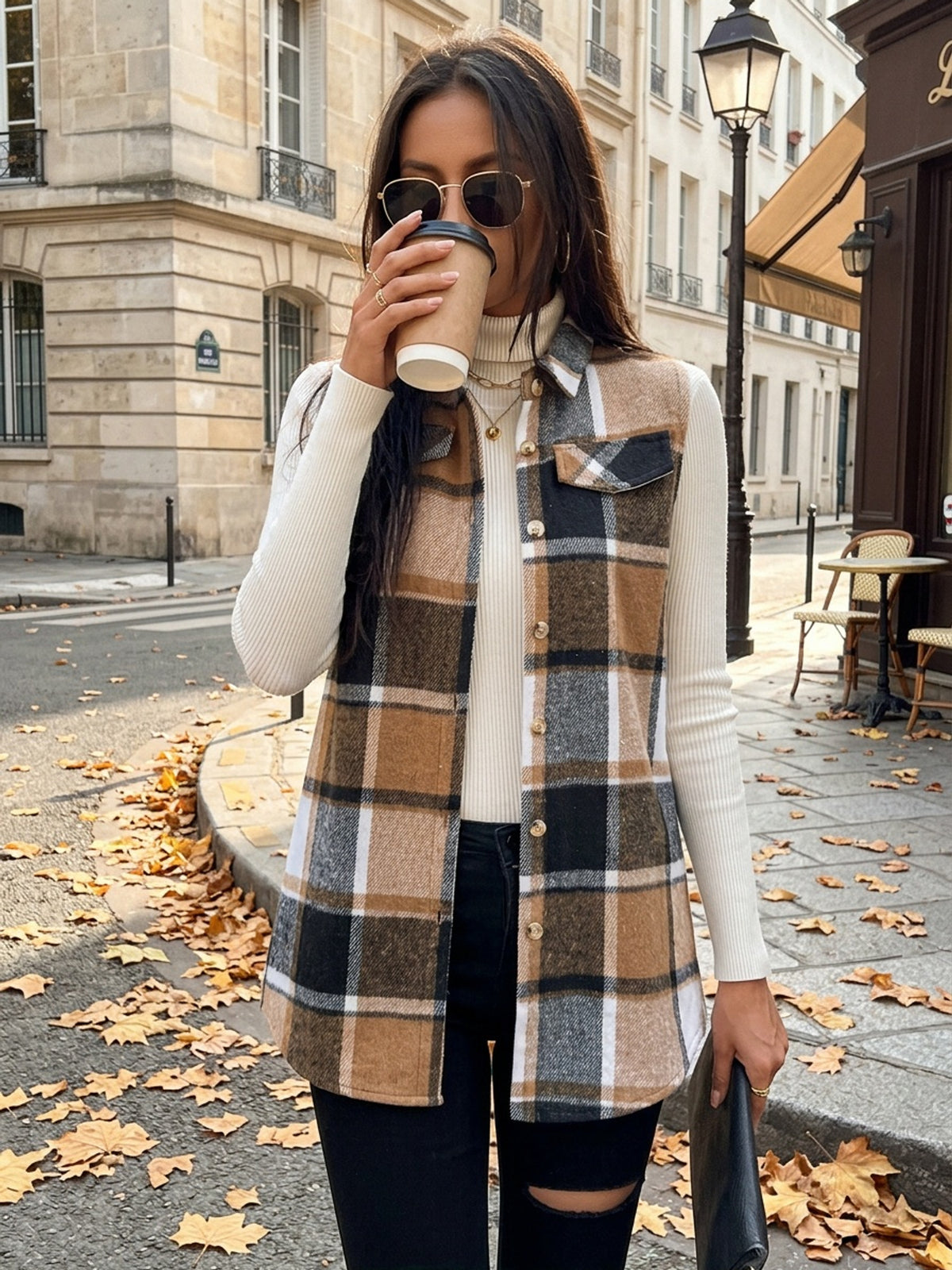 Plaid Lapel Vest Jacket Women Casual Suede Sleeveless Outerwear Fall Winter Layering