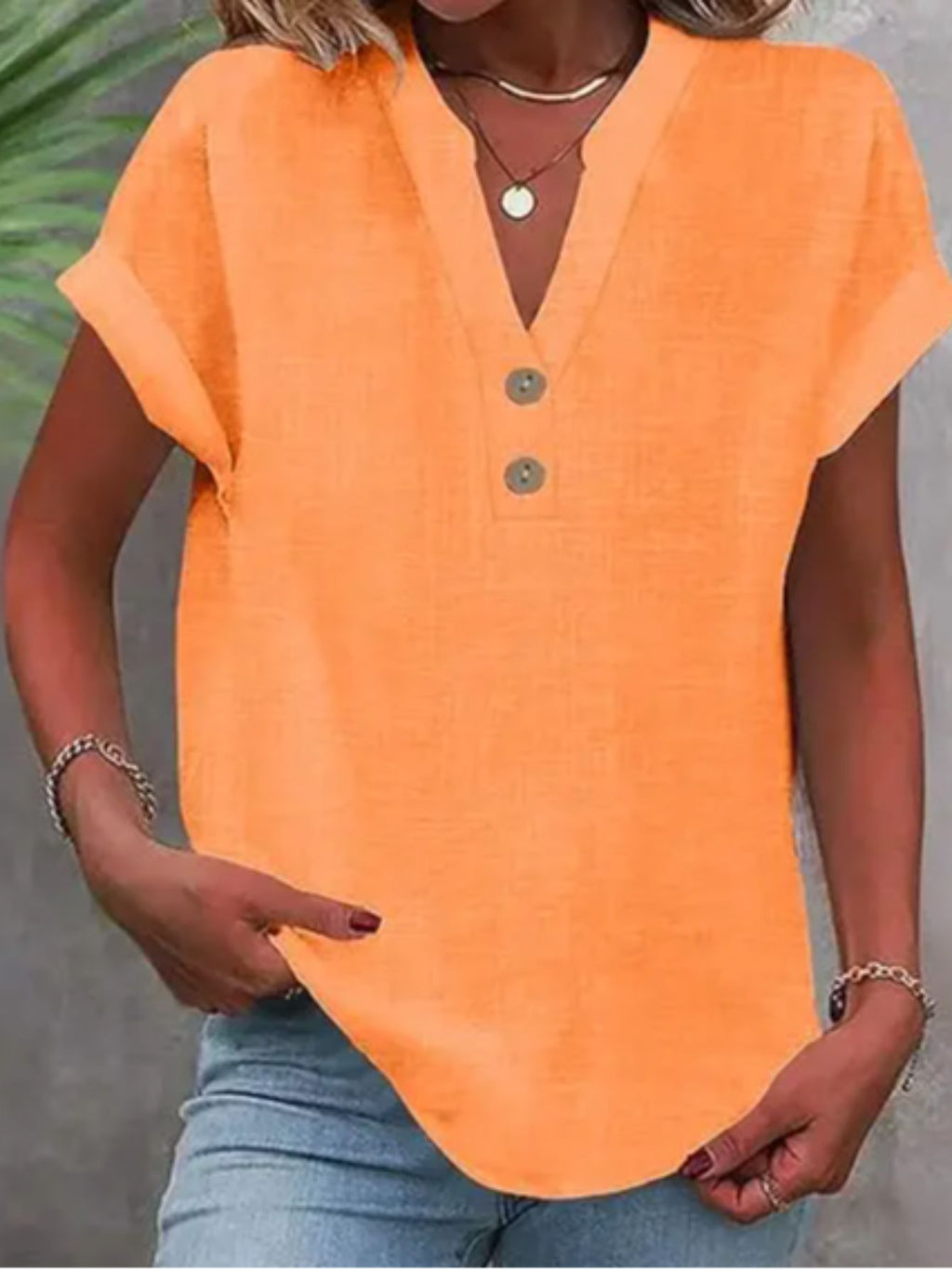 V-Neck Button Placket Tee Women Solid Color Short Sleeve Casual Summer Top Lightweight Breathable 15 Colors S-XXL