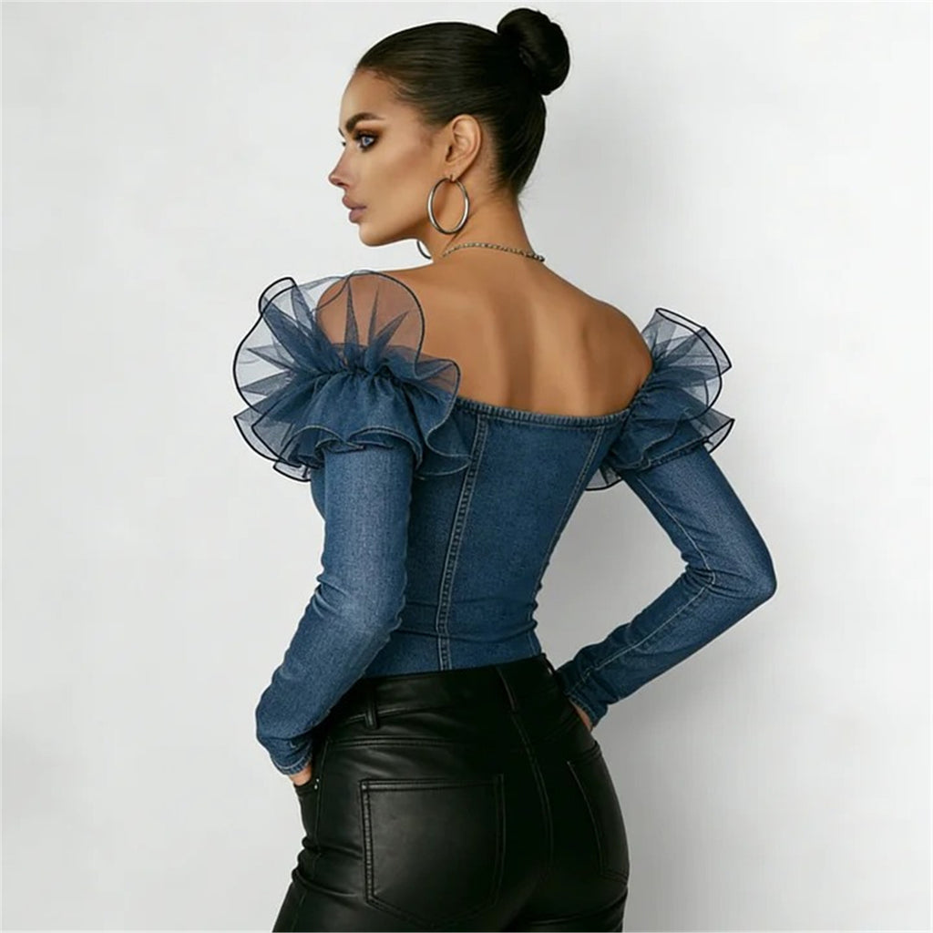 Off Shoulder Denim Top Women Navy Blue Ruffle Long Sleeve Button Closure S-XXL
