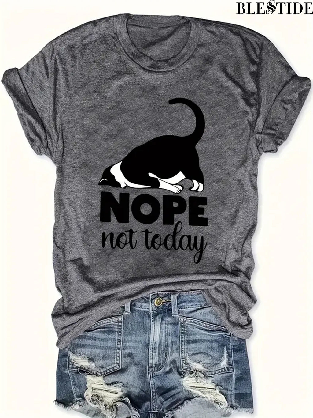 Cute Cat Graphic T-Shirt Women Nope Not Today Slogan Sleeping Cat Print Crew Neck Casual Fun Whimsical Tee Cat Lover Gift Birthday Holiday Top S-XXL