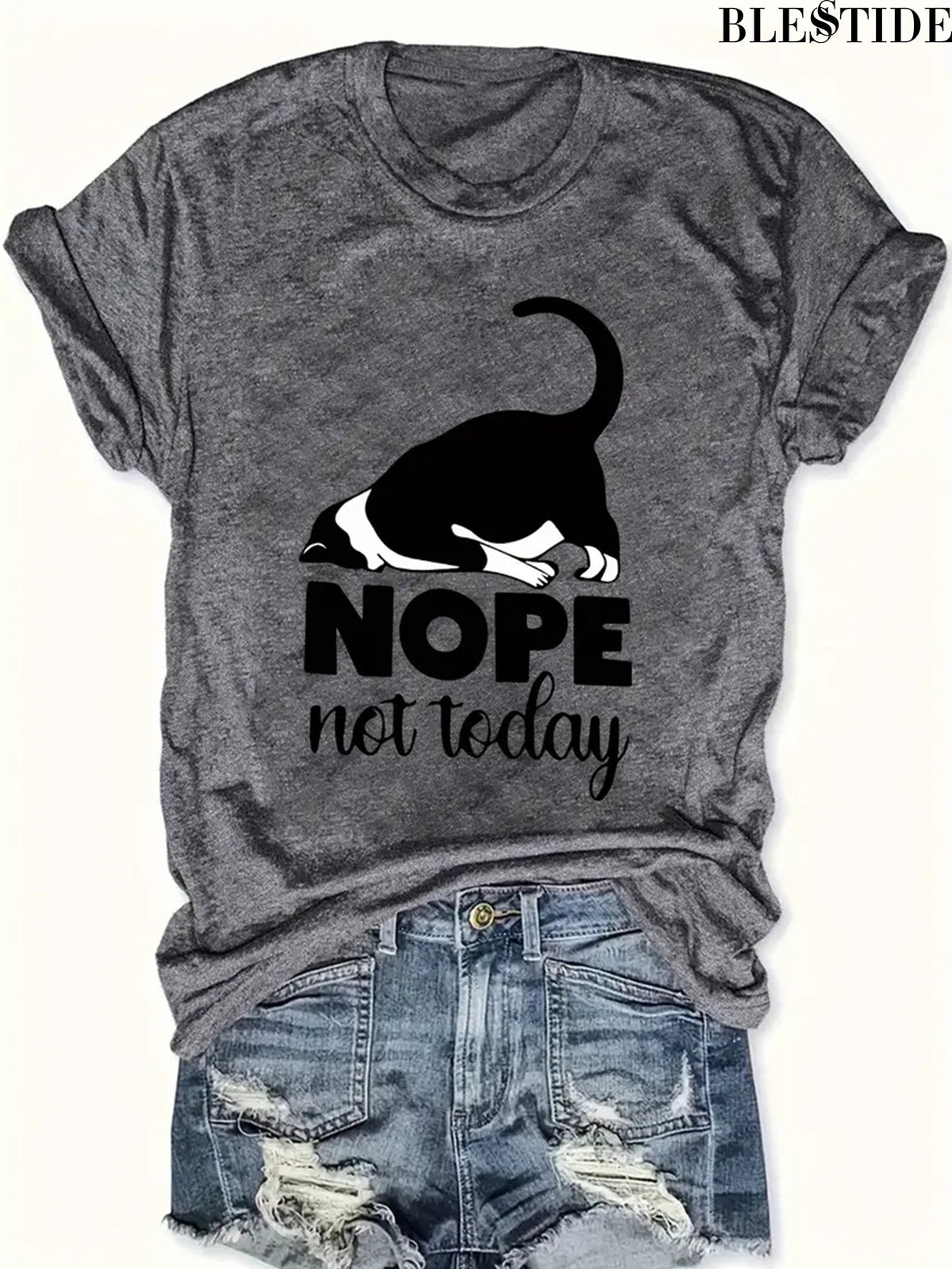 Cute Cat Graphic T-Shirt Women Nope Not Today Slogan Sleeping Cat Print Crew Neck Casual Fun Whimsical Tee Cat Lover Gift Birthday Holiday Top S-XXL