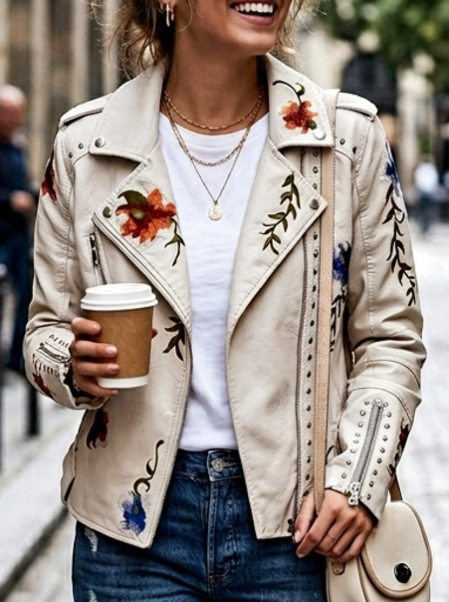 Floral Embroidered Moto PU Jacket Women Studded Faux Leather Coat Casual All Season Streetwear Biker Jacket