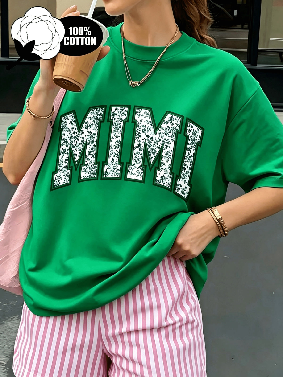 Floral MIMI Print Women T-Shirt Short Sleeve Loose Crew Neck Casual Graphic Tee Breathable Lightweight Everyday Top