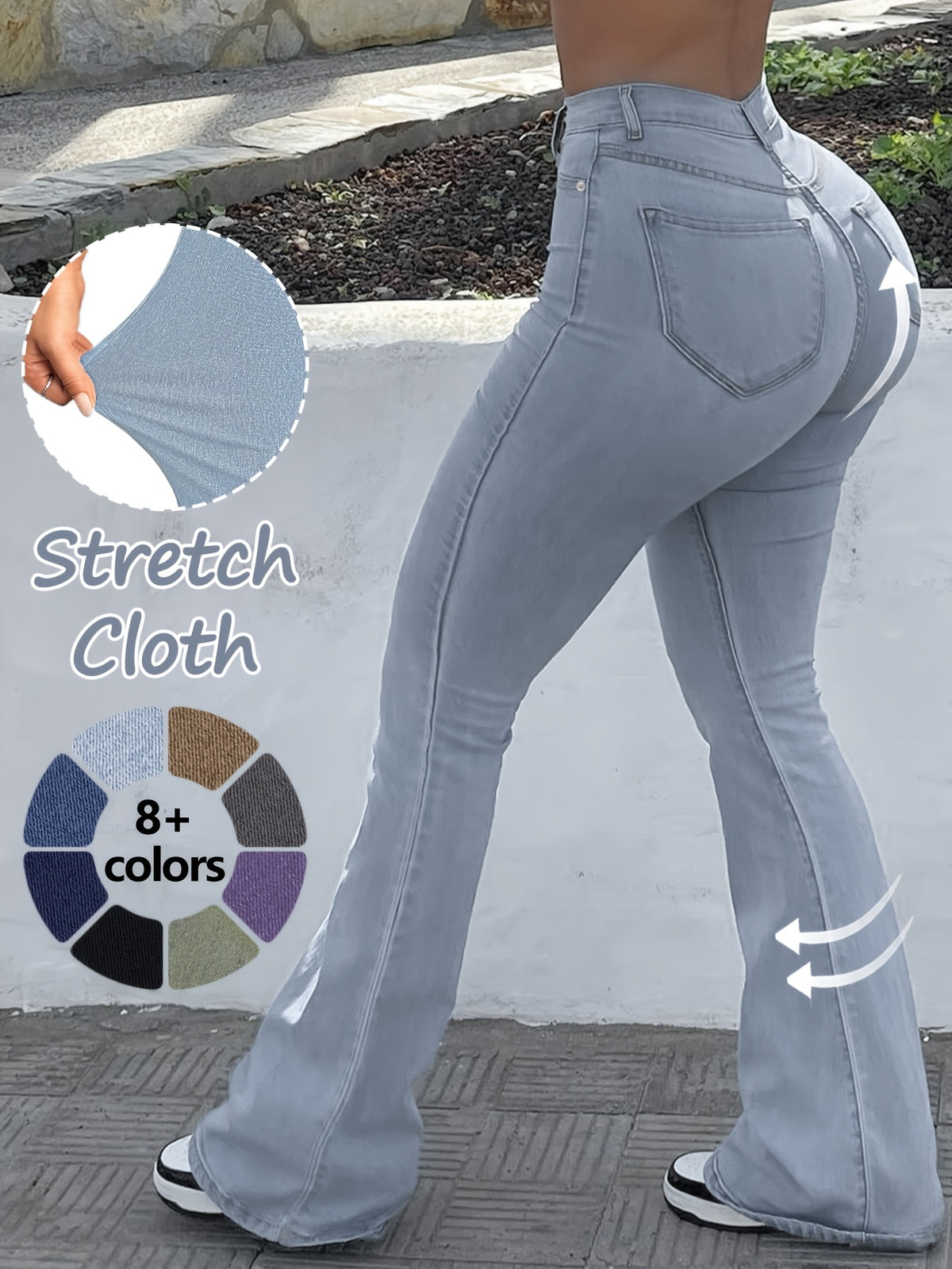 High Waist Stretch Flare Jeans Women Wide Leg Pants with Pockets – Solid Color Street Style, All-Season Comfortable Denim, Machine Washable