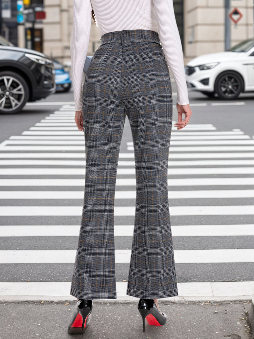 High Waist Wide Leg Pants Women Tie Sash - Ponte Print Pull-On Trousers, Elegant Relaxed Fit Casual & Work Bottoms in Black & Graphite