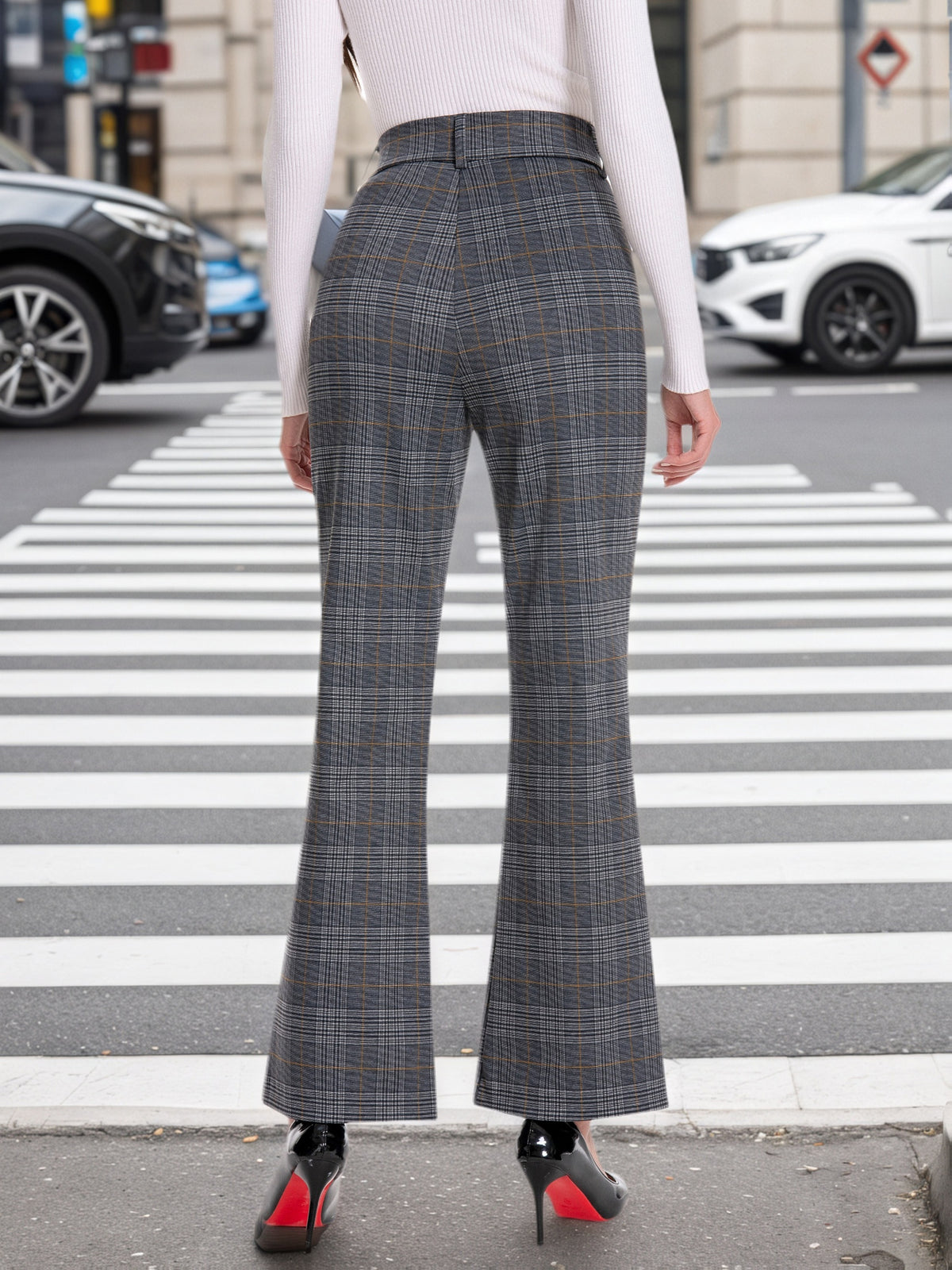 High Waist Wide Leg Pants Women Tie Sash - Ponte Print Pull-On Trousers, Elegant Relaxed Fit Casual & Work Bottoms in Black & Graphite