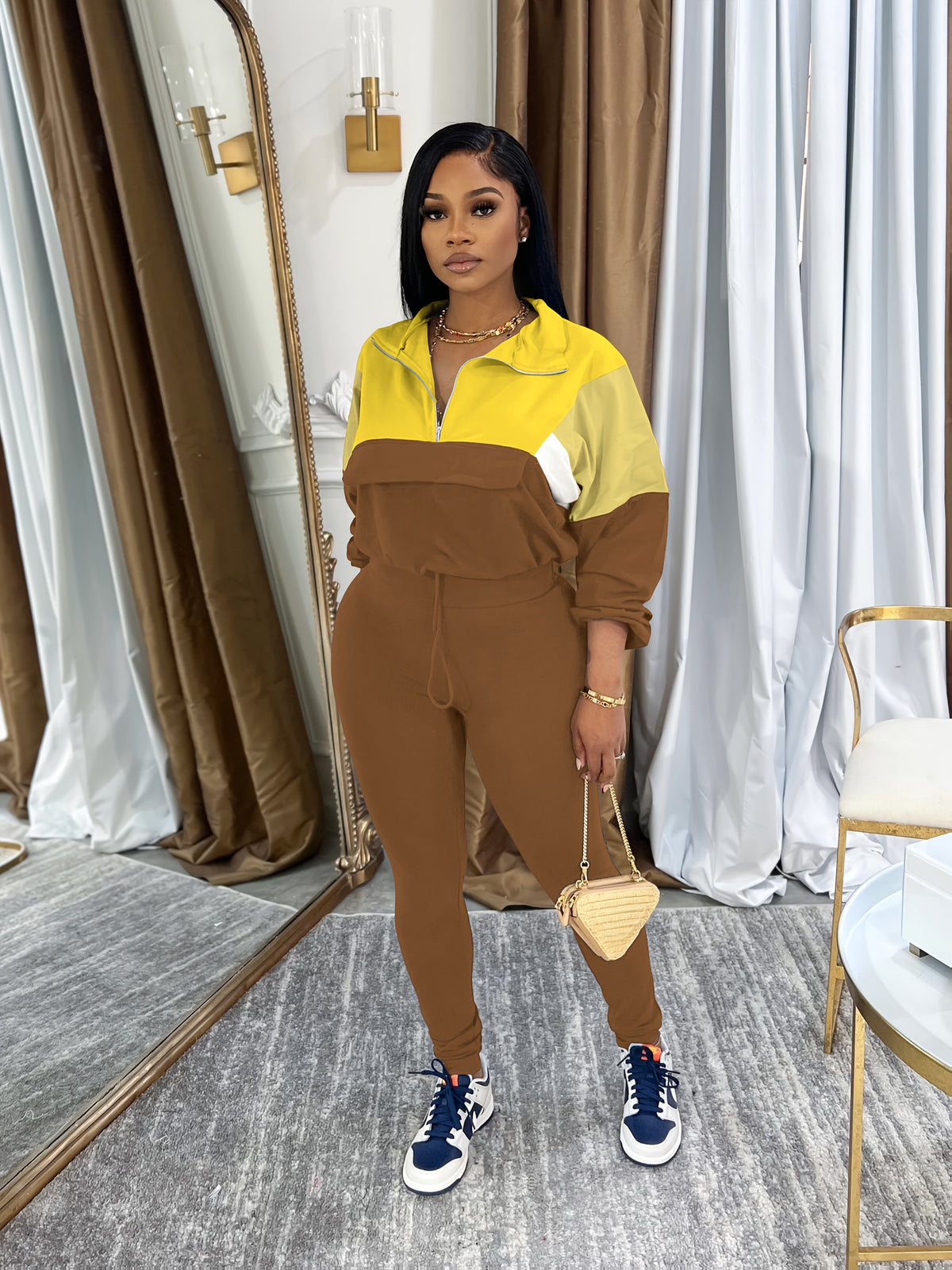 Lapel Crew Neck Sweatsuit Set for Women – Half-Zip Long Sleeve Sweatshirt & Sweatpants 2-Piece Casual Outfit, Solid Color Fall Winter Loungewear