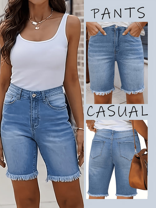 Bermuda Denim Shorts Women High Waist Frayed Hem Knee Length Vintage Light Blue Stretch Jean Shorts Streetwear
