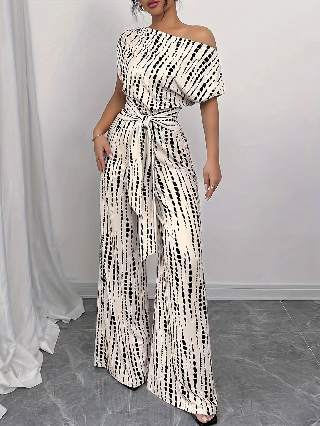 Off Shoulder Flared Jumpsuit Women High Waist Tie Print Lace Up Elegant Wide Leg Pants Apricot S-XXL