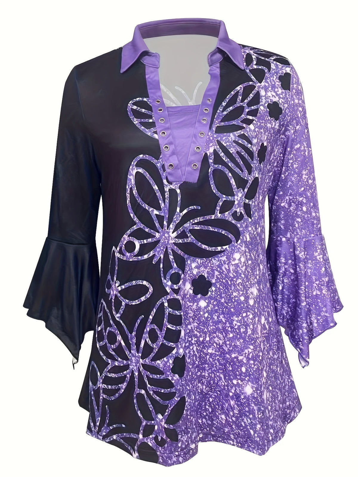 Printed Lapel Button-Up Top Women Three-Quarter Irregular Sleeve Casual Blouse Spring Fall Stretch Knit Polyester S-XXL