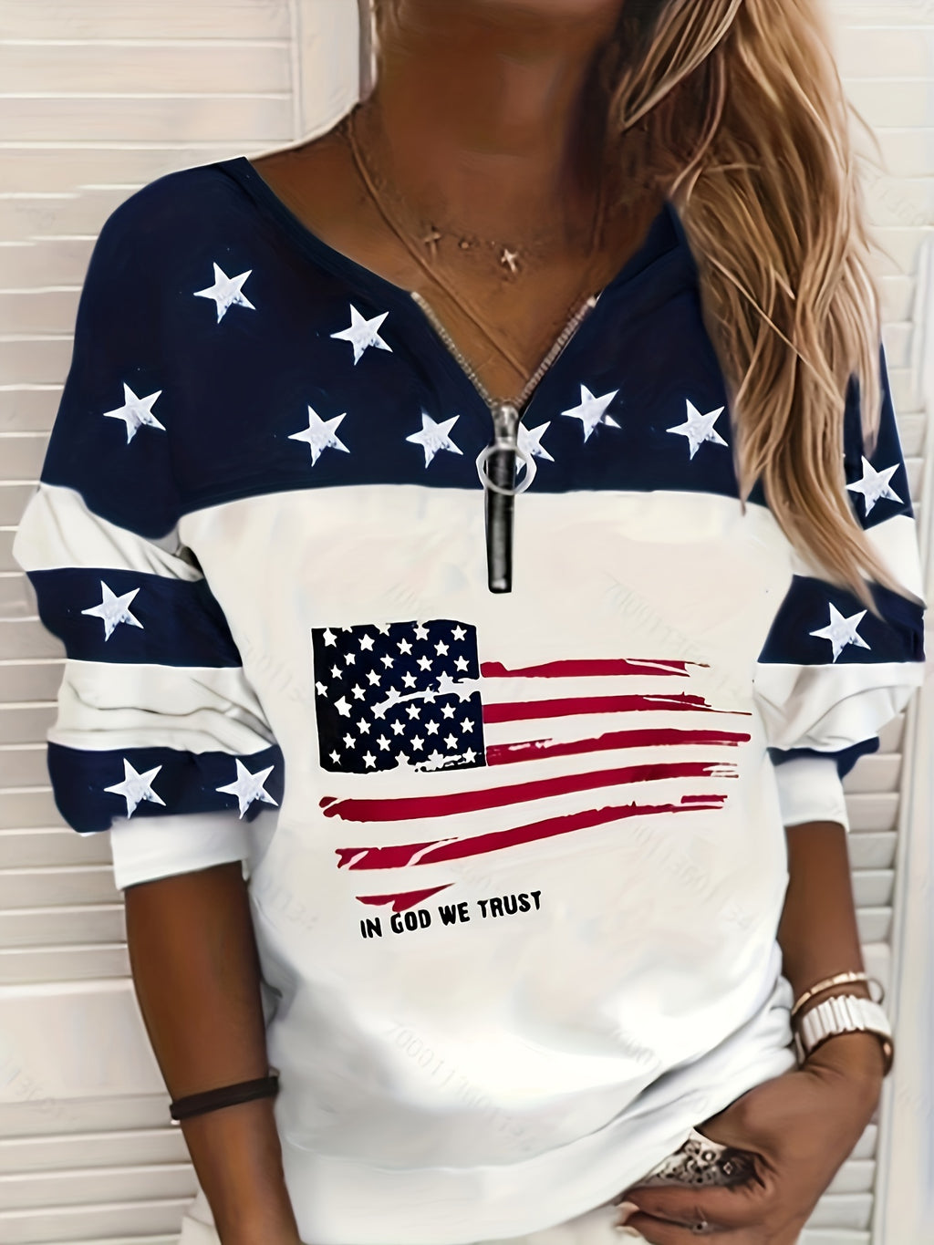 American Flag Print Zip Pullover Sweatshirt Women Long Sleeve Casual White Fall Winter S-XXL