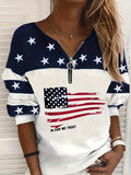American Flag Print Zip Pullover Sweatshirt Women Long Sleeve Casual White Fall Winter S-XXL