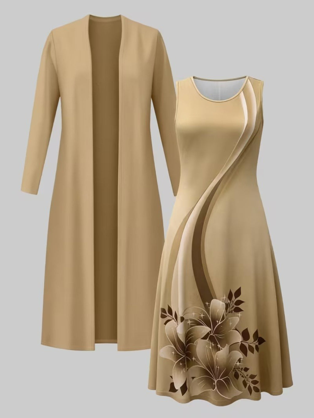 Floral Print Cardigan & Vest Dress 2-Piece Set for Women – Long Sleeve Jacket with Waist-Cinching Long Skirt Dress, Elegant Street Fashion Outfit