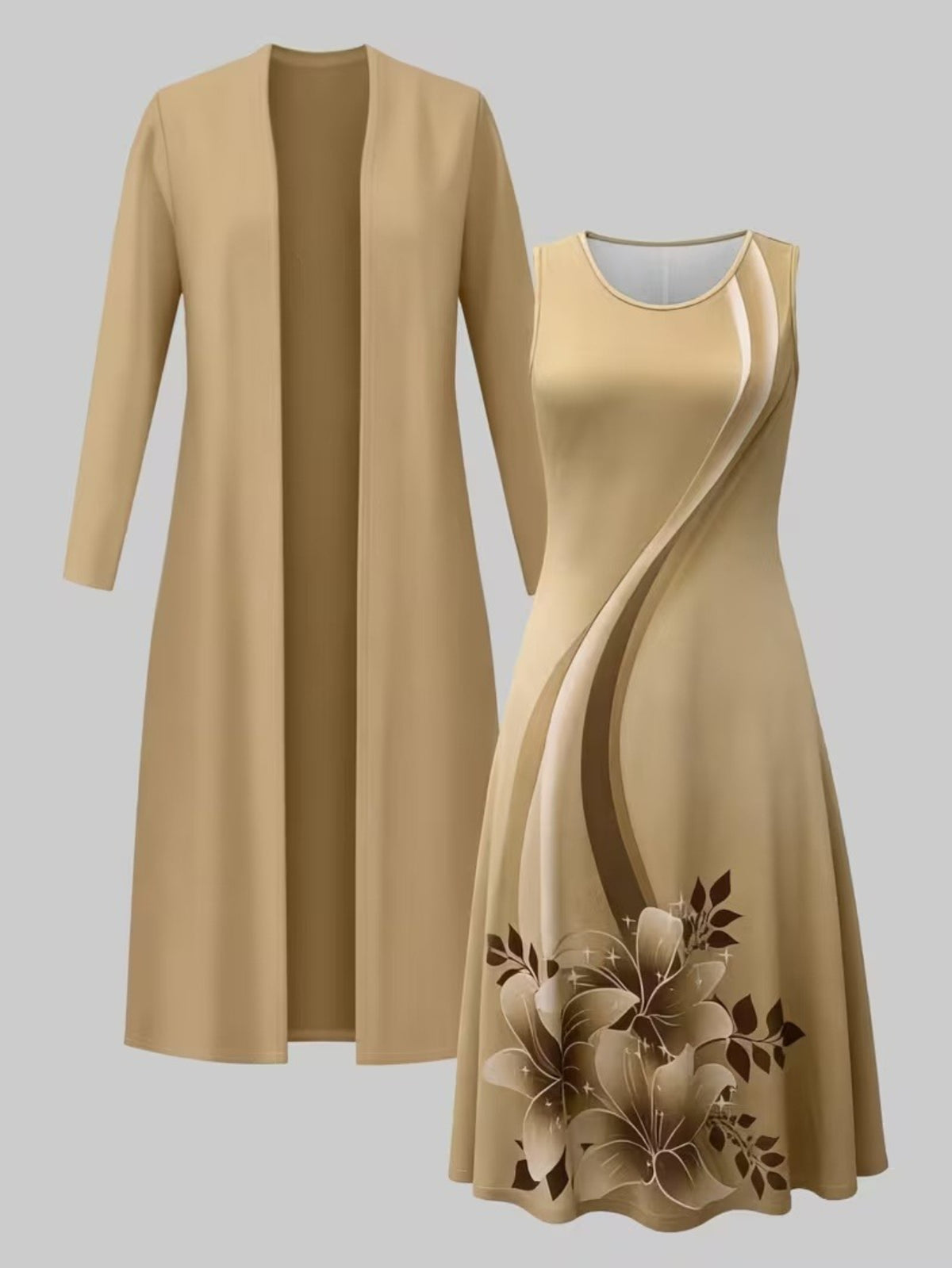 Floral Print Cardigan & Vest Dress 2-Piece Set for Women – Long Sleeve Jacket with Waist-Cinching Long Skirt Dress, Elegant Street Fashion Outfit